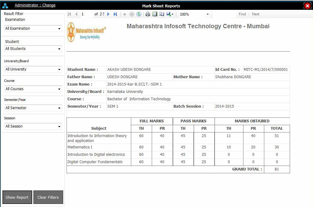 Marks Sheet Report